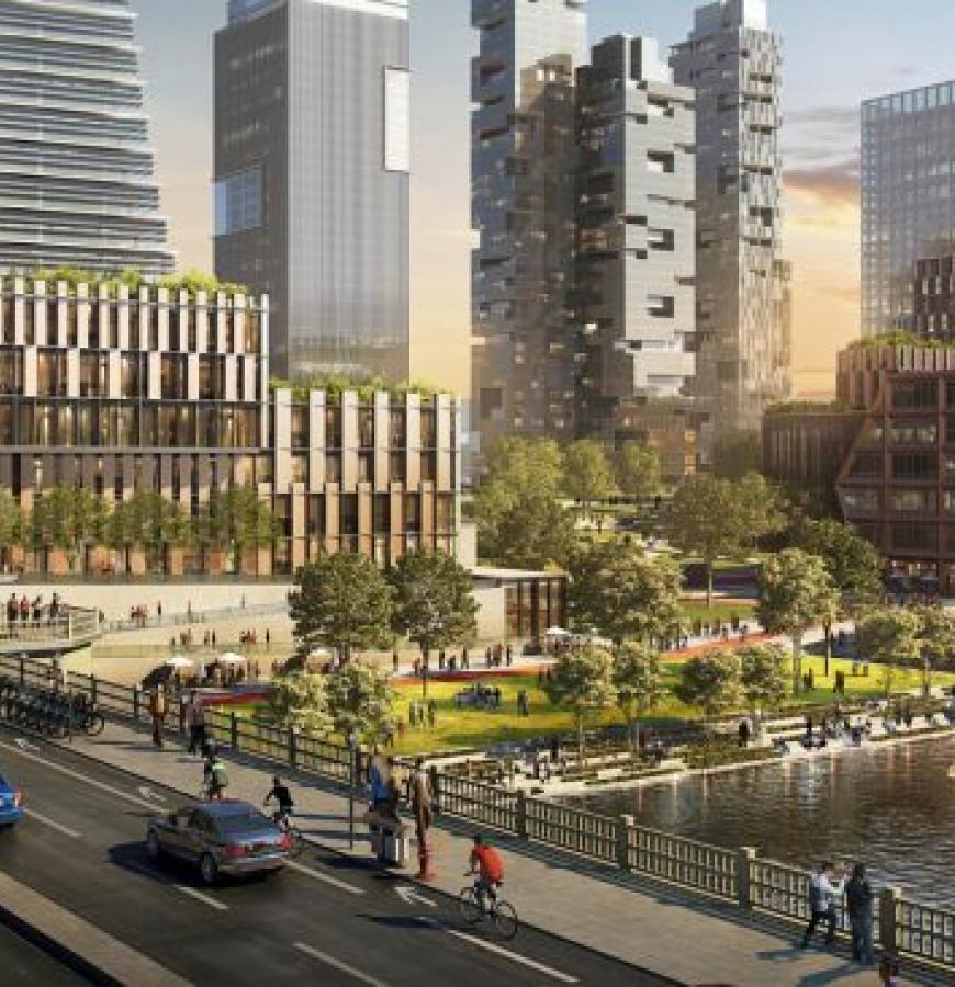 view of chicago river and buildings from overpass