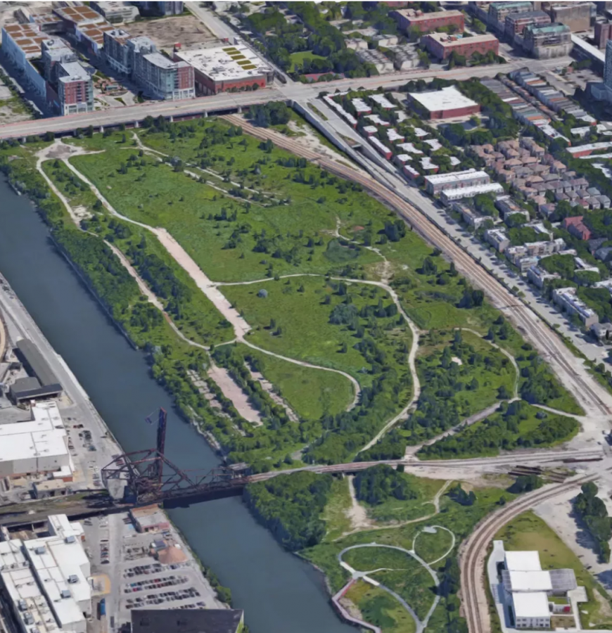 aerial view of chicago river and future home of the 78