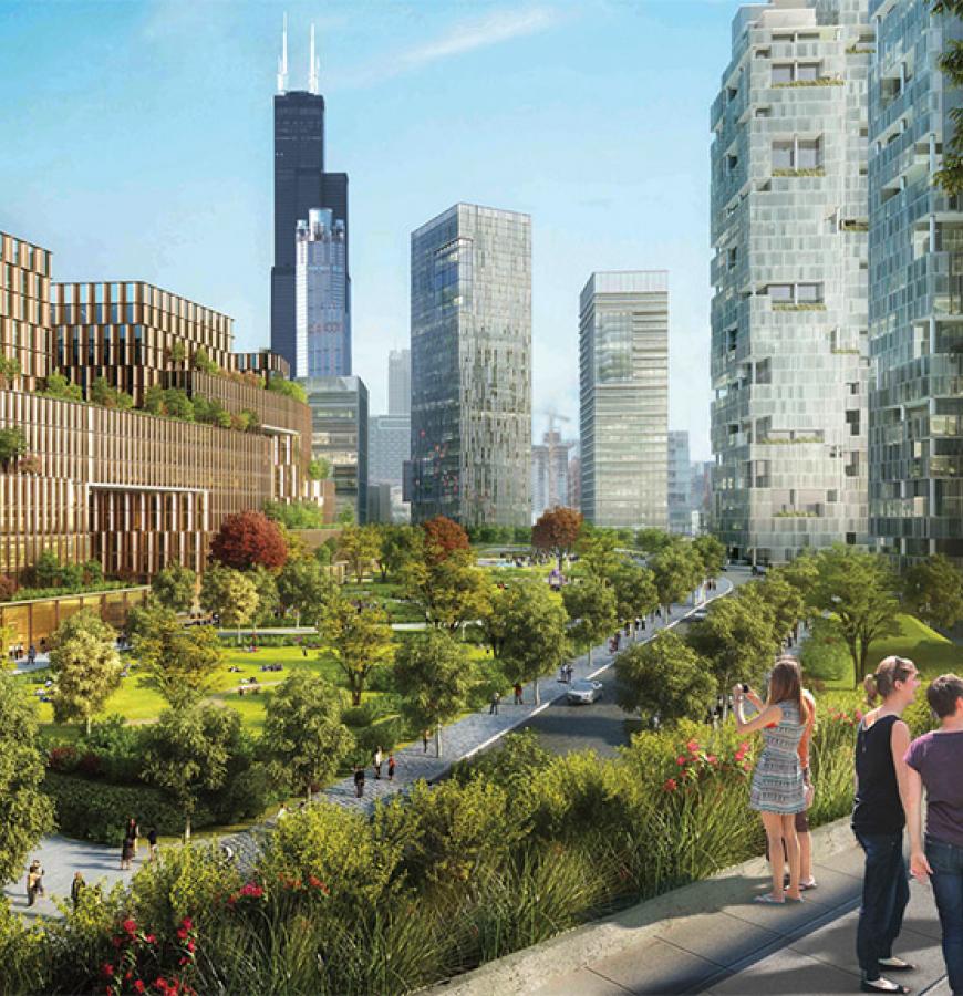 people stand in pathway in Chicago