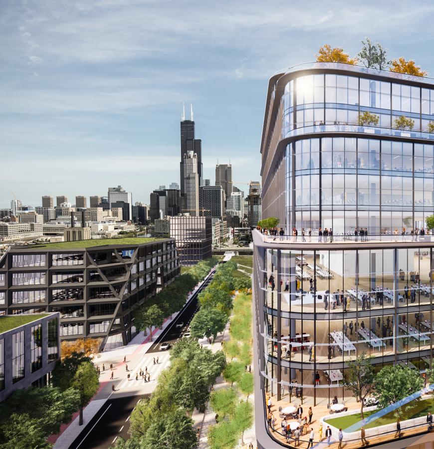 woman on phone stands on roof deck overlooking Chicago